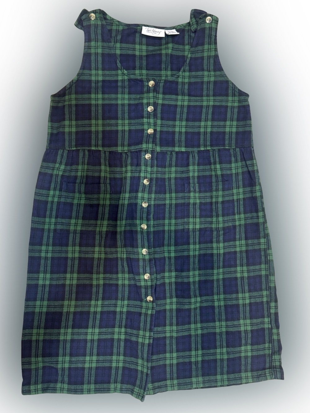 Vintage 80’s Green and Navy Plaid Button-Front Pinafore Dress